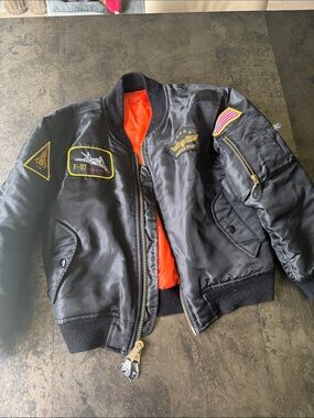 Kids Rothco Black Bomber Jacket with Orange Lining and Patches
